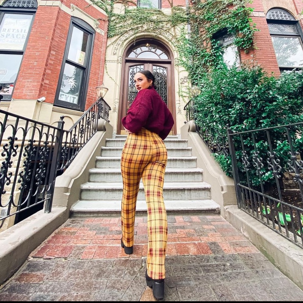 Yellow and red plaid urban outfitters stretch/ flare pants